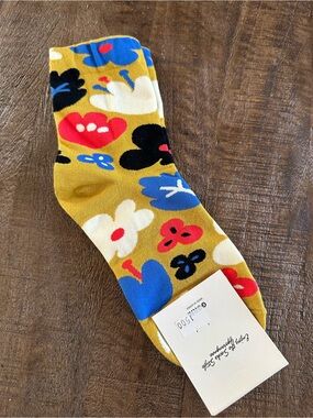 NWT Free People Floral Crew Quarter Socks Mustard Yellow, Blue, Red, White